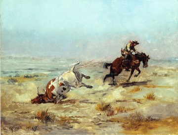 Lassoing a Steer cowboy Charles Marion Russell Indiana Oil Paintings